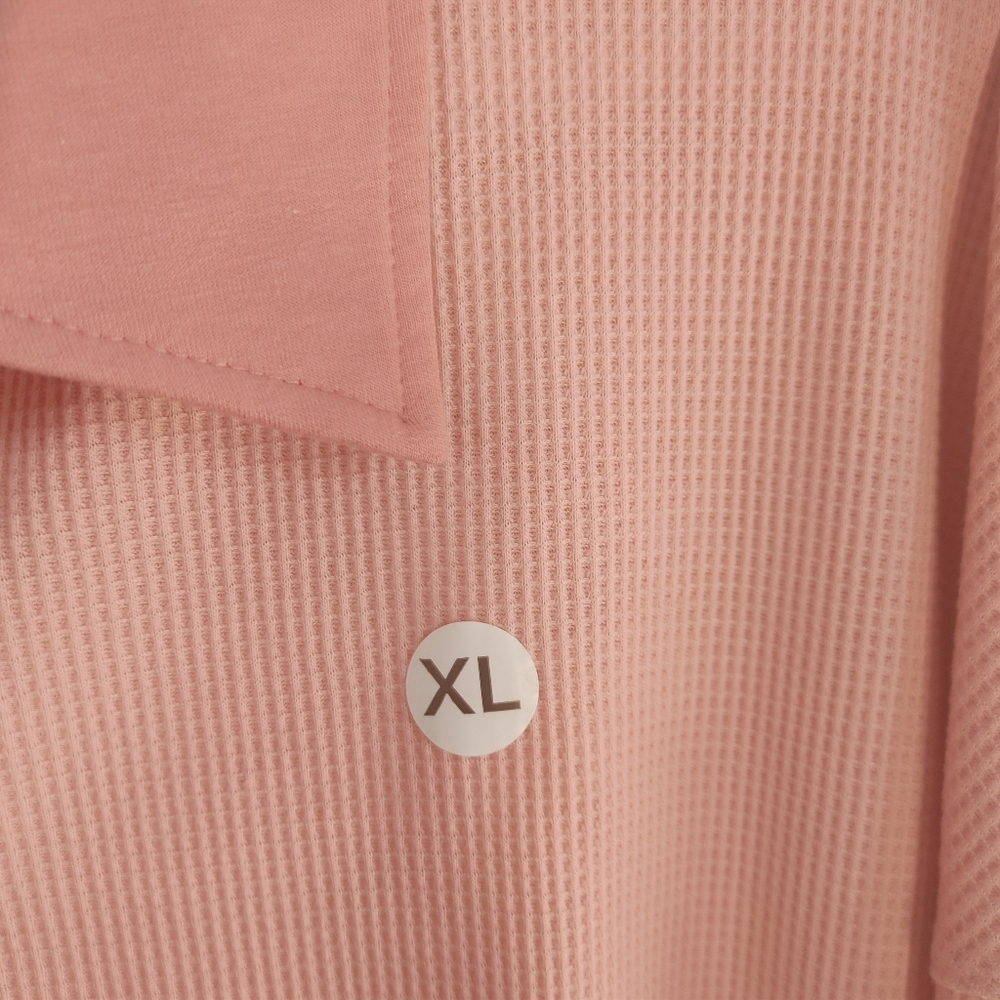 Waffle Knit Polo Tunic Top XL Peach Pink Oversized Thermal Long Sleeve Pockets - Picture 4 of 8